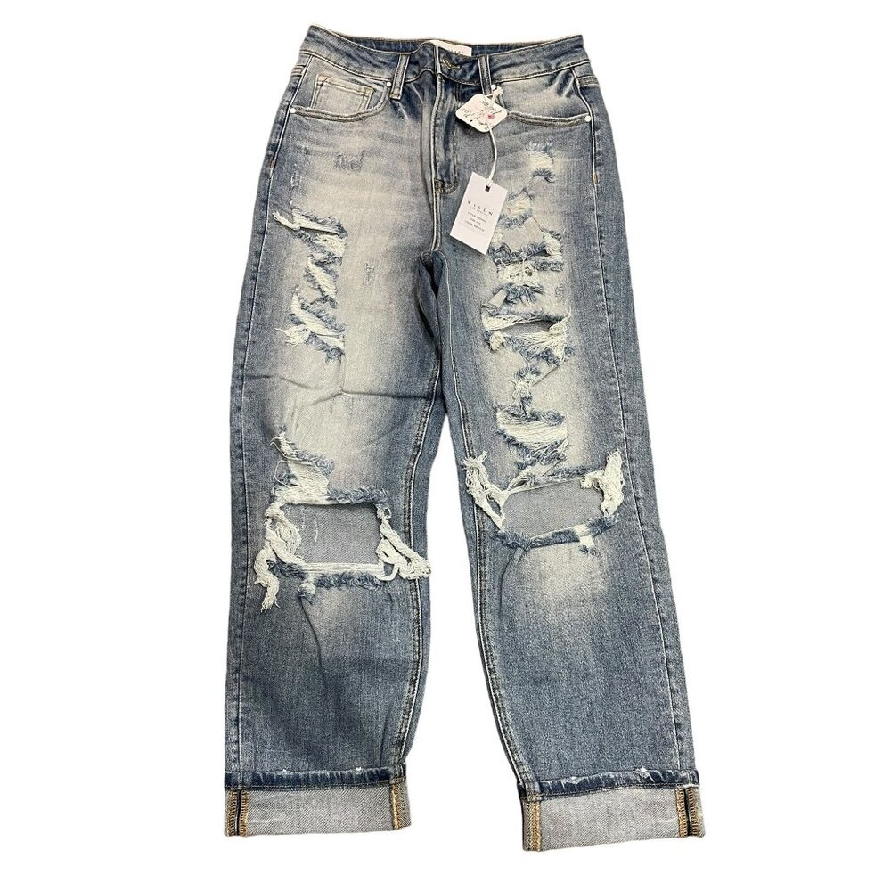 Risen Medium Blue High Rise Girl Friend Capri‎ Jeans